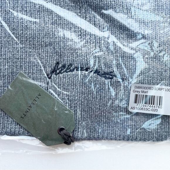 AllSaints Embroidered Script Logo Beanie in Grey Marled - Picture 3 of 4